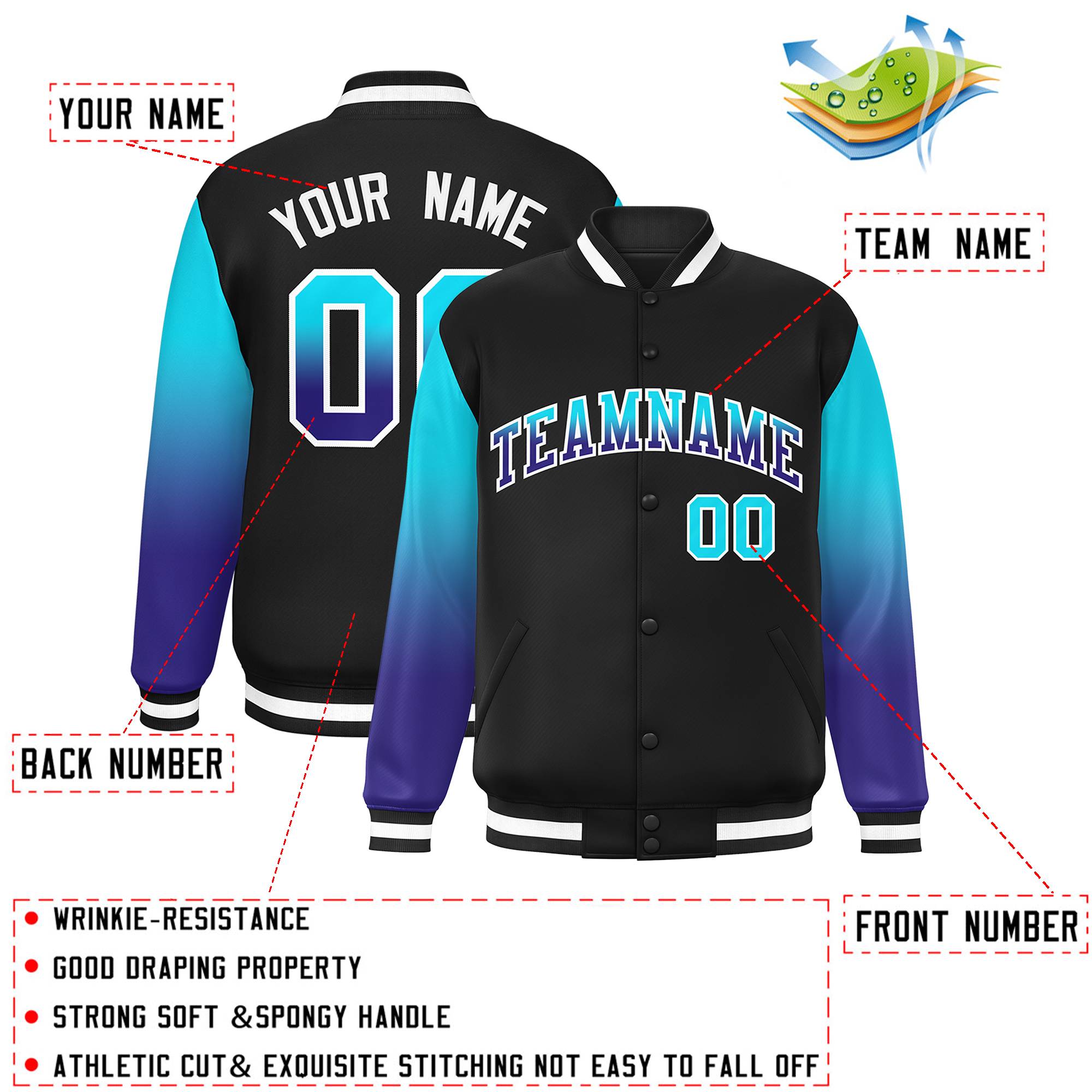 Custom Black Sky Blue-Royal Gradient Varsity Full-Snap Raglan Sleeves Baseball Jacket