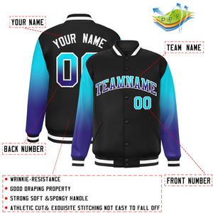 Custom Black Sky Blue-Royal Gradient Varsity Full-Snap Raglan Sleeves Baseball Jacket