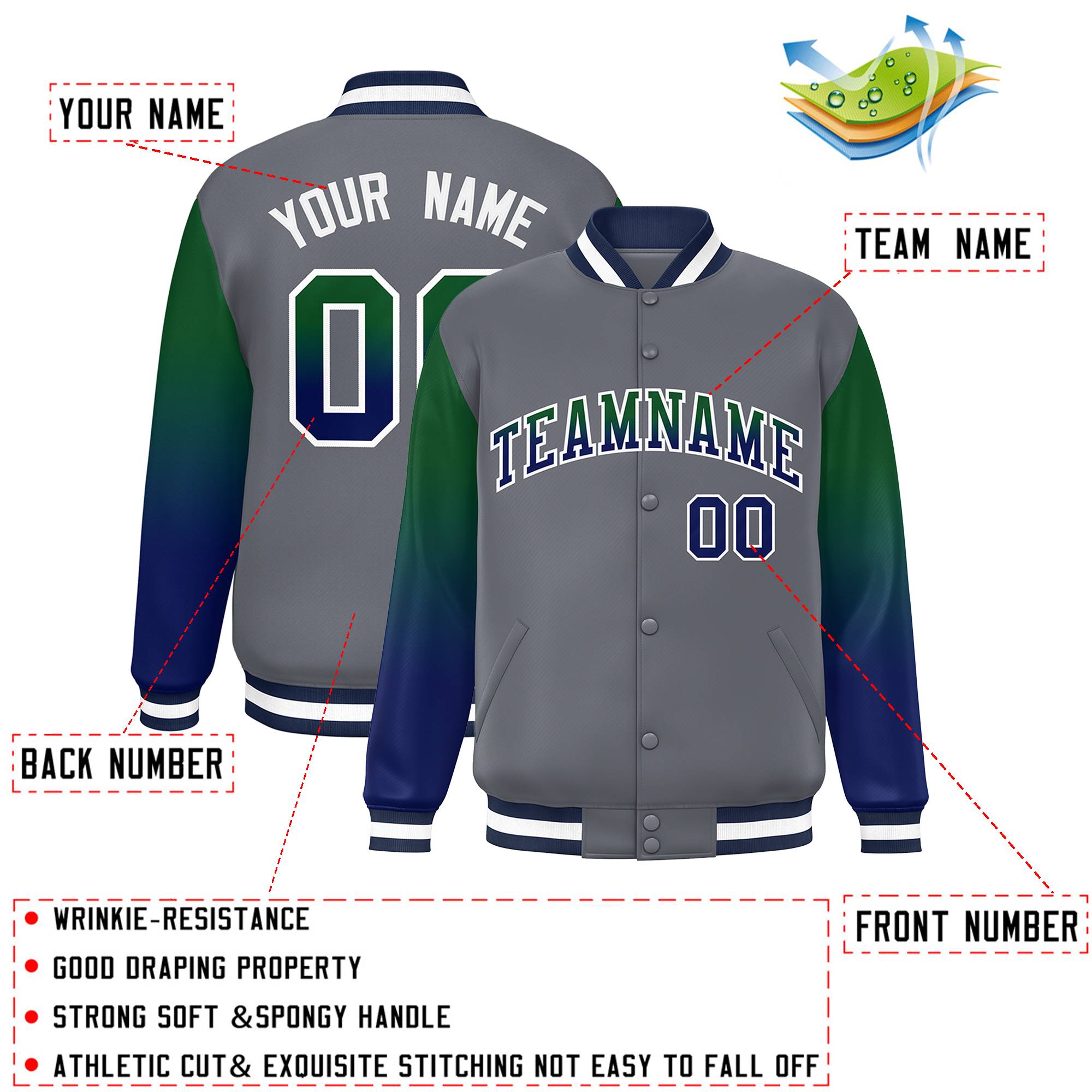 Custom Dark Gray Green-Navy Gradient Varsity Full-Snap Raglan Sleeves Baseball Jacket