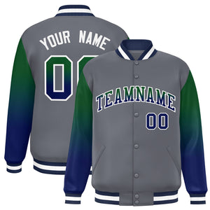 Custom Dark Gray Green-Navy Gradient Varsity Full-Snap Raglan Sleeves Baseball Jacket