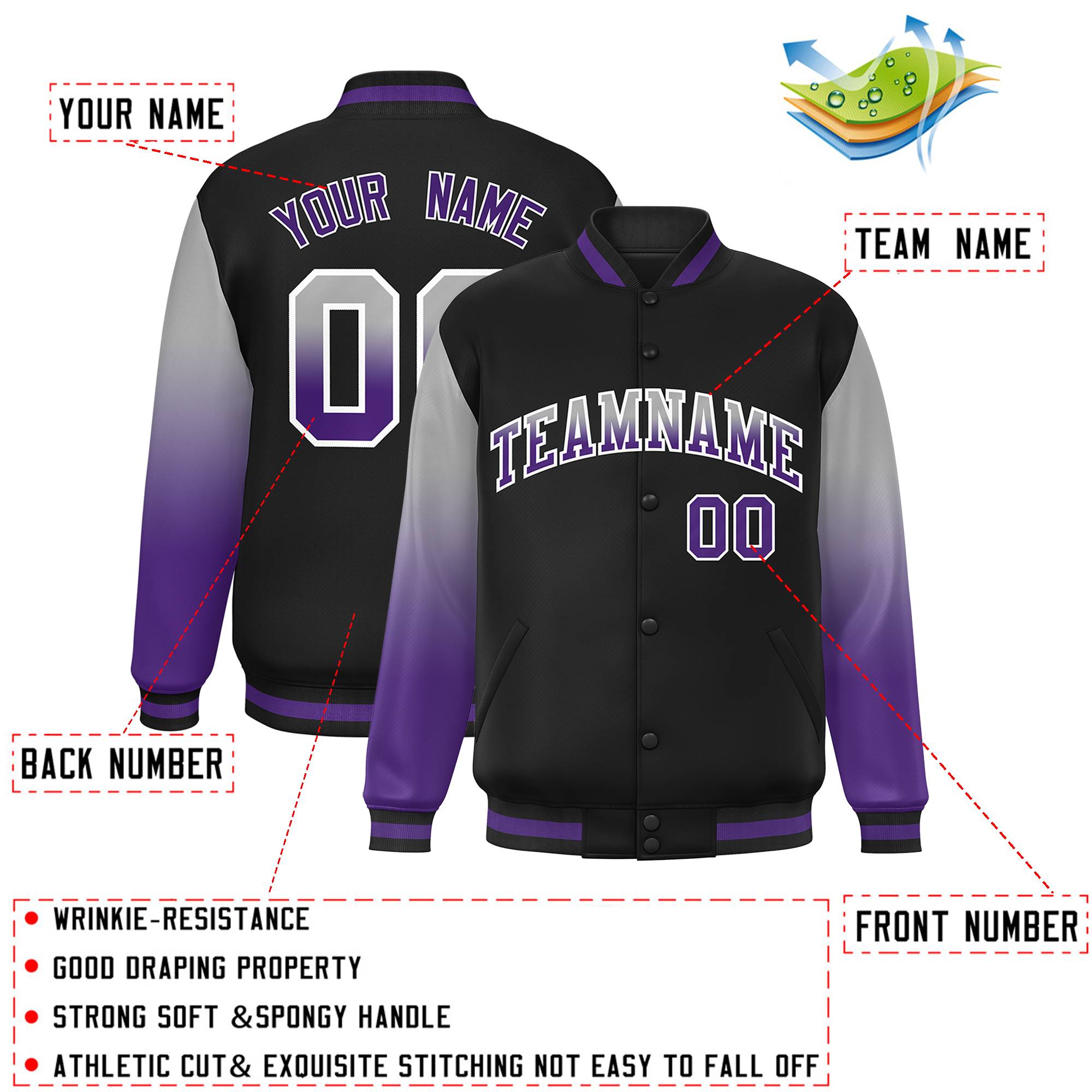 Custom Black Gray-Purple Gradient Varsity Full-Snap Raglan Sleeves Baseball Jacket