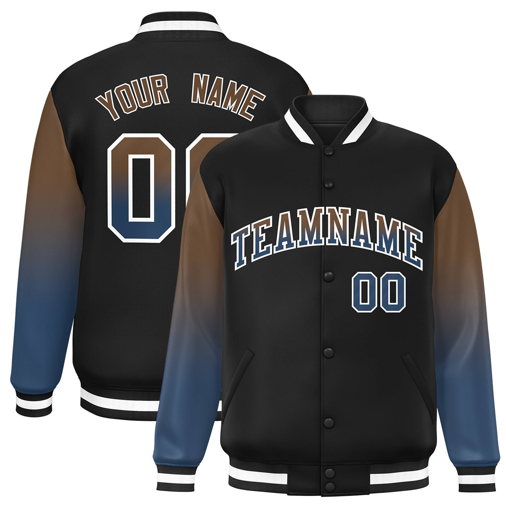 Custom Black Light Brown-Midnight Blue Gradient Varsity Full-Snap Raglan Sleeves Baseball Jacket