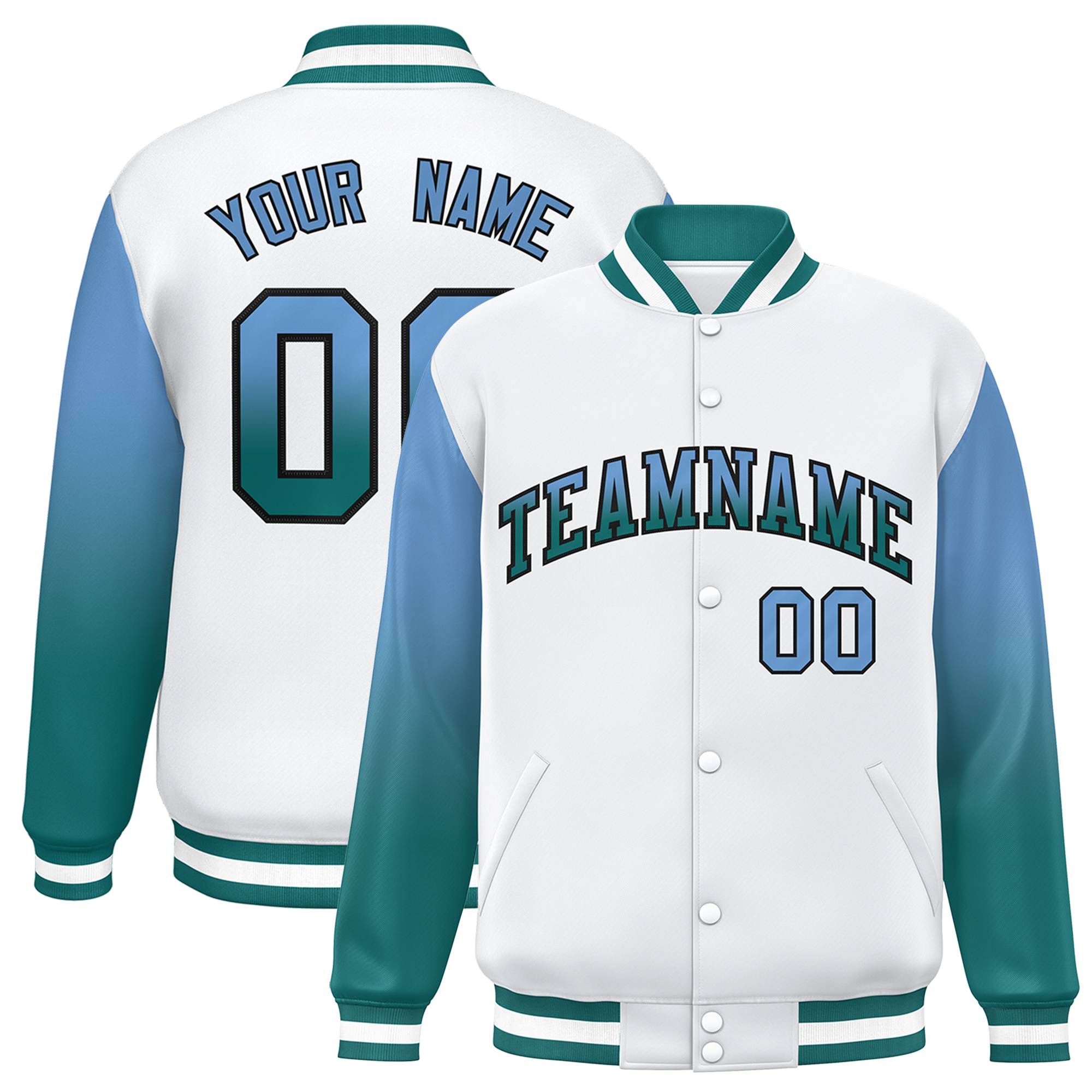 Custom White Light Blue-Aqua Gradient Varsity Full-Snap Raglan Sleeves Baseball Jacket