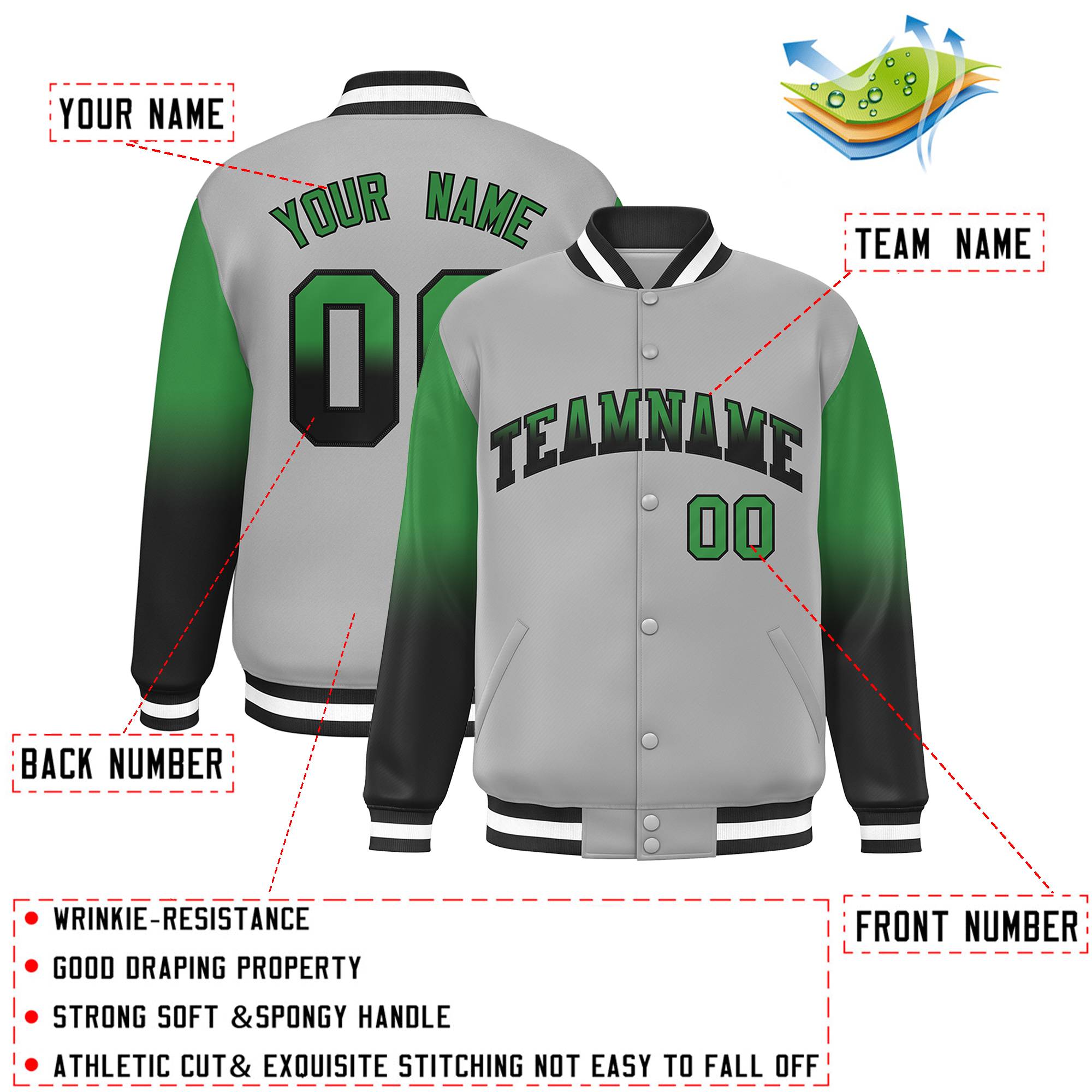 Custom Gray Teal-Black Gradient Varsity Full-Snap Raglan Sleeves Baseball Jacket