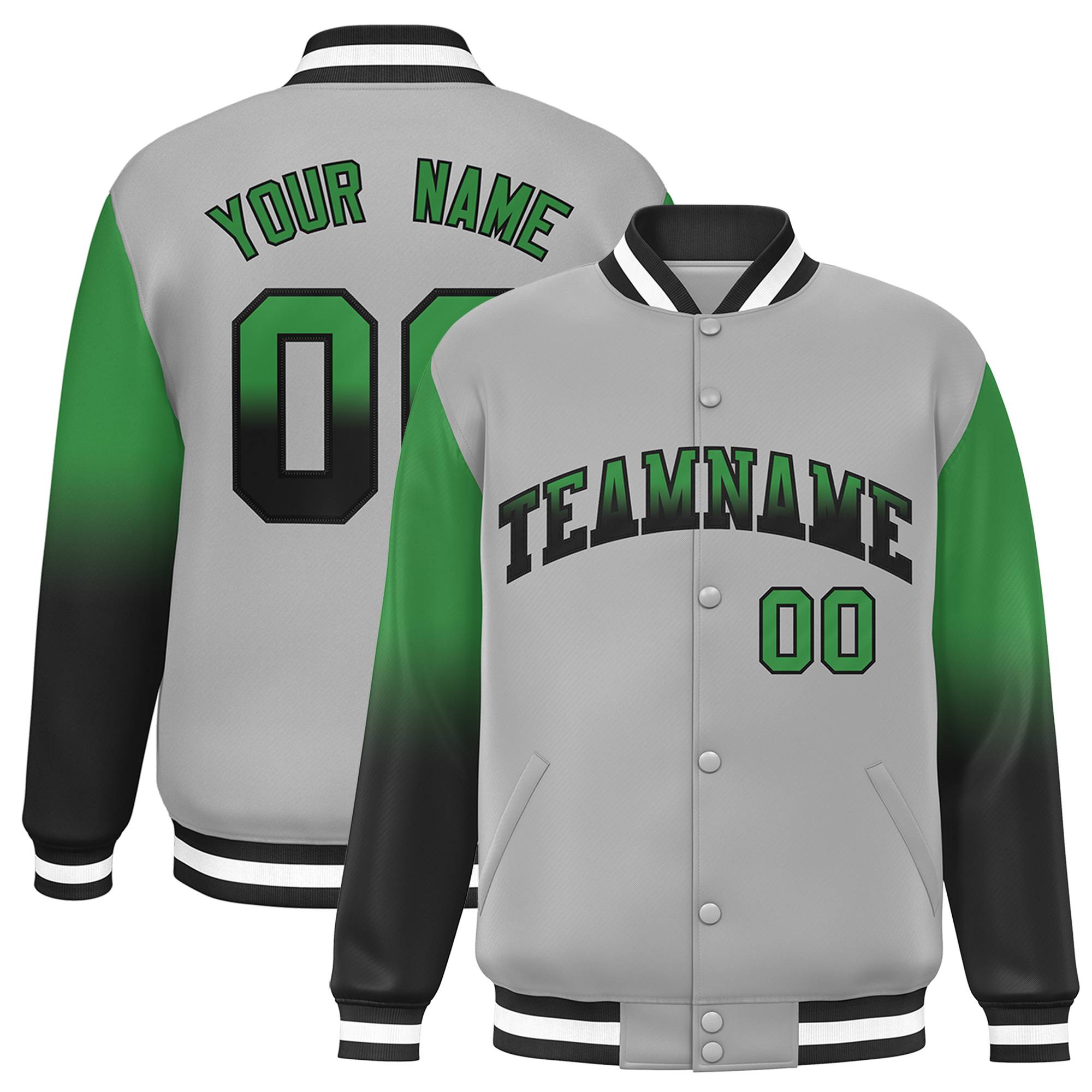 Custom Gray Teal-Black Gradient Varsity Full-Snap Raglan Sleeves Baseball Jacket