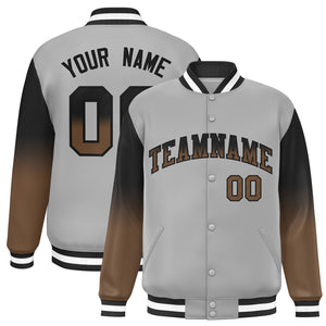 Custom Gray Black-Light Brown Gradient Varsity Full-Snap Raglan Sleeves Baseball Jacket