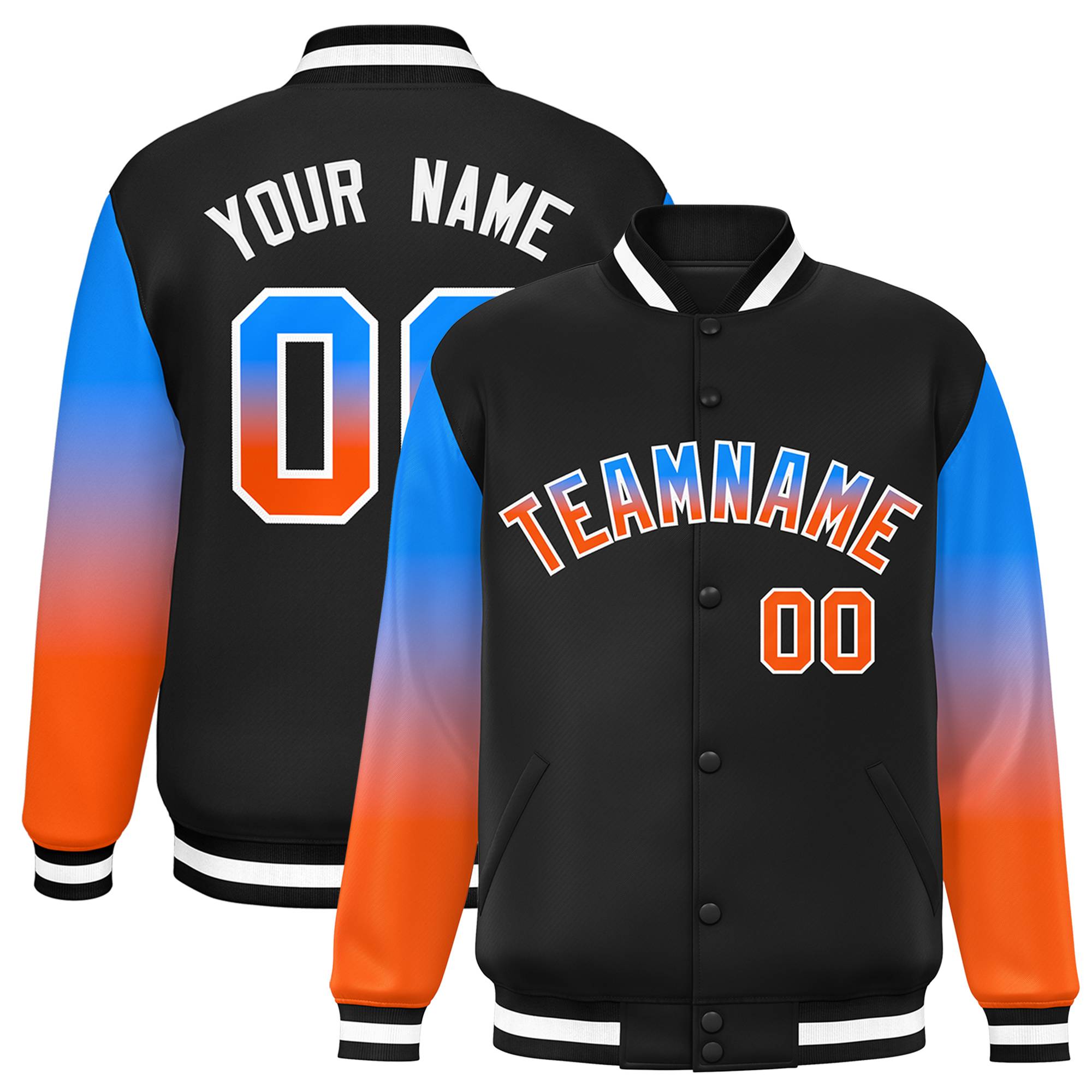 Custom Black Powder Blue-Orange Gradient Varsity Full-Snap Raglan Sleeves Baseball Jacket