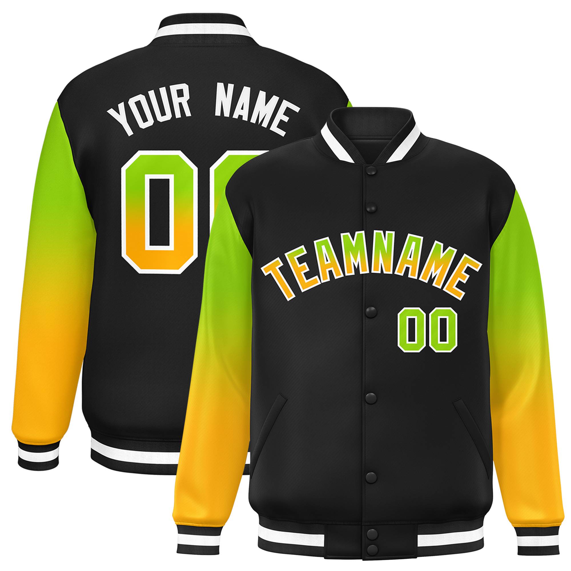 Custom Black Neon Green-Yellow Gradient Varsity Full-Snap Raglan Sleeves Baseball Jacket