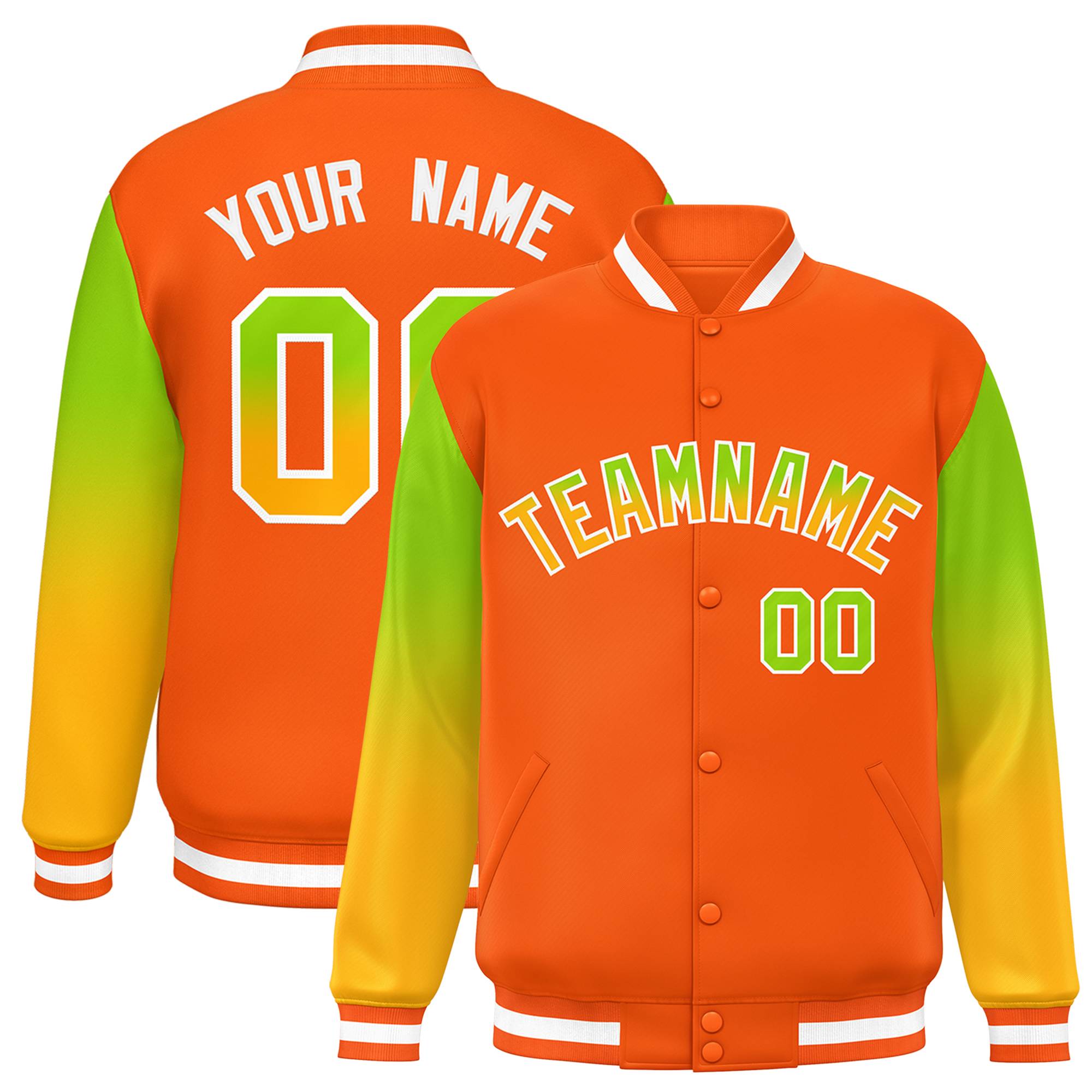 Custom Orange Neon Green-Yellow Gradient Varsity Full-Snap Raglan Sleeves Baseball Jacket