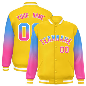 Custom Gold Powder Blue-Pink Gradient Varsity Full-Snap Raglan Sleeves Baseball Jacket