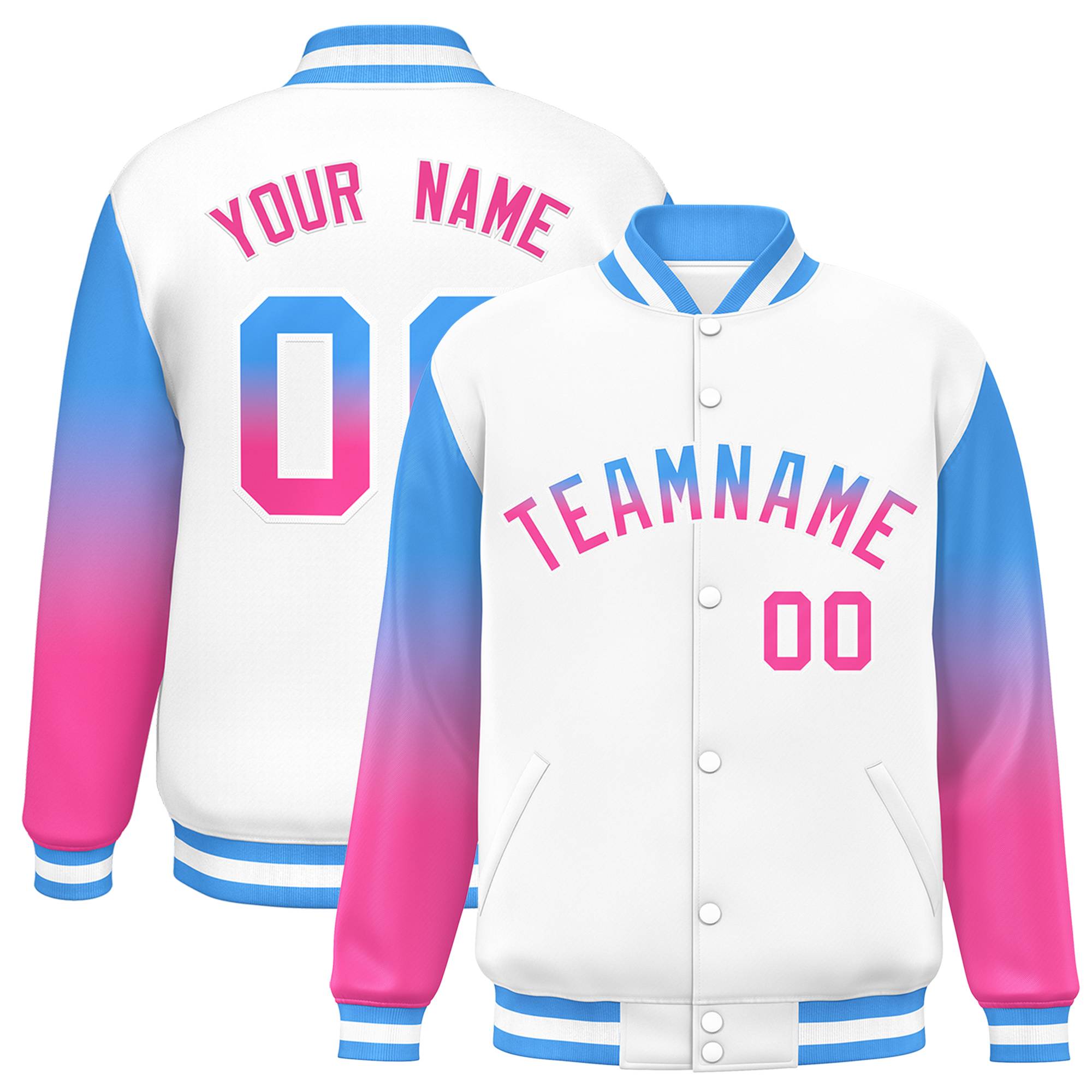 Custom White Powder Blue-Pink Gradient Varsity Full-Snap Raglan Sleeves Baseball Jacket