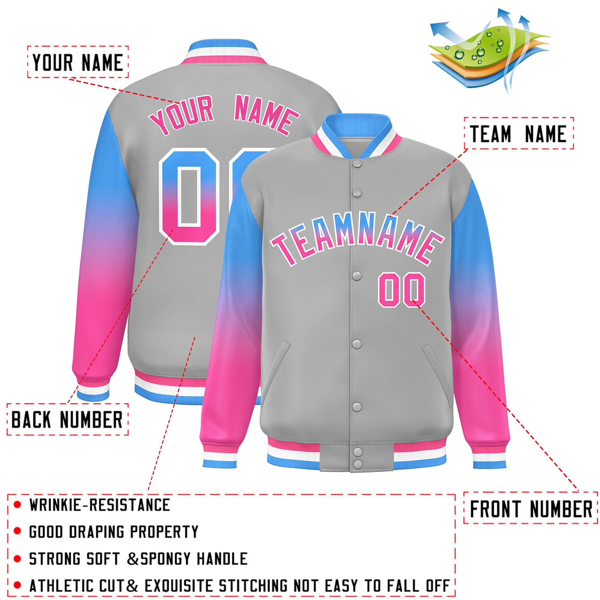 Custom Gray Powder Blue-Pink Gradient Varsity Full-Snap Raglan Sleeves Baseball Jacket