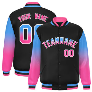 Custom Black Powder Blue-Pink Gradient Varsity Full-Snap Raglan Sleeves Baseball Jacket