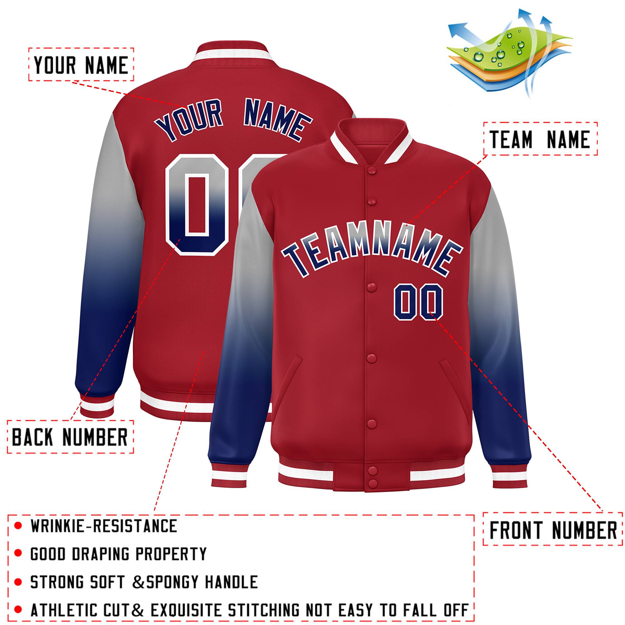 Custom Red Gray-Royal Gradient Varsity Full-Snap Raglan Sleeves Baseball Jacket