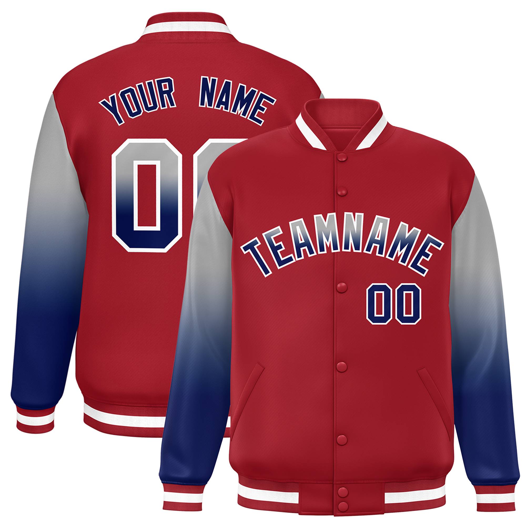 Custom Red Gray-Royal Gradient Varsity Full-Snap Raglan Sleeves Baseball Jacket