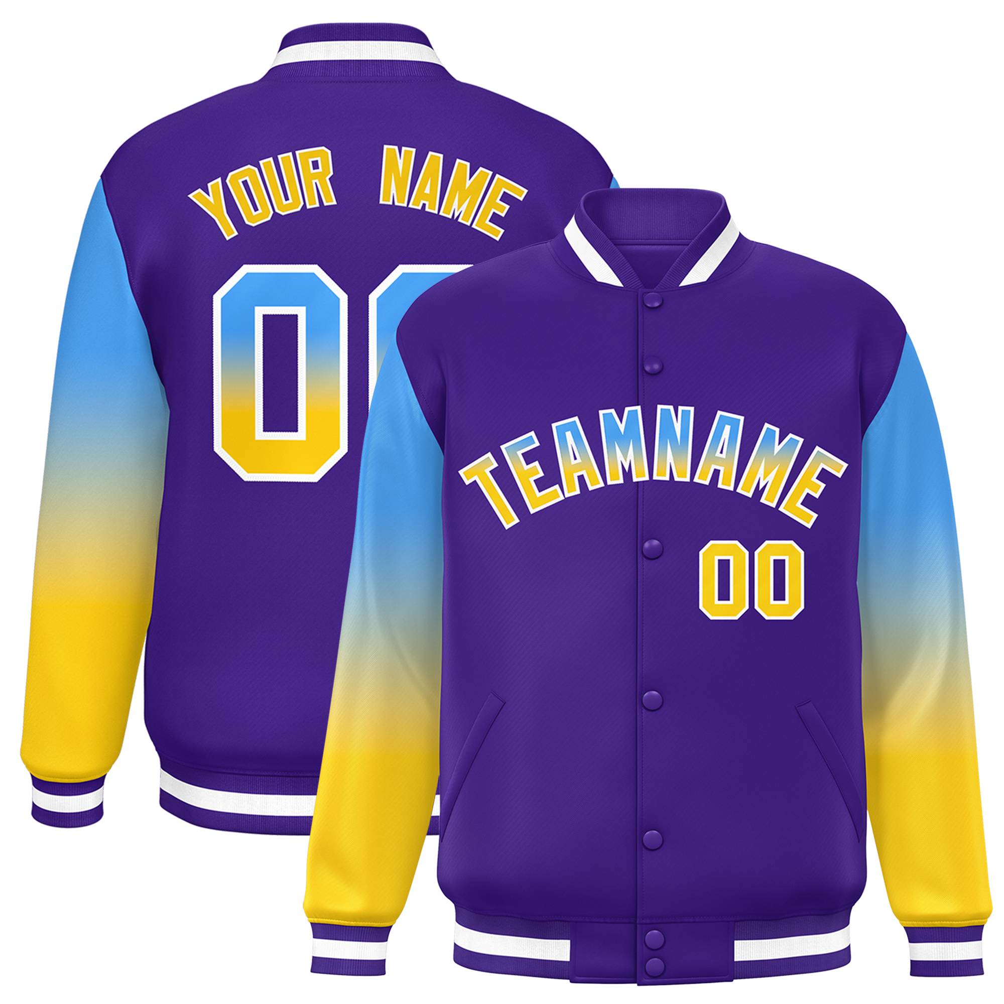 Custom Purple Powder Blue-Gold Gradient Varsity Full-Snap Raglan Sleeves Baseball Jacket