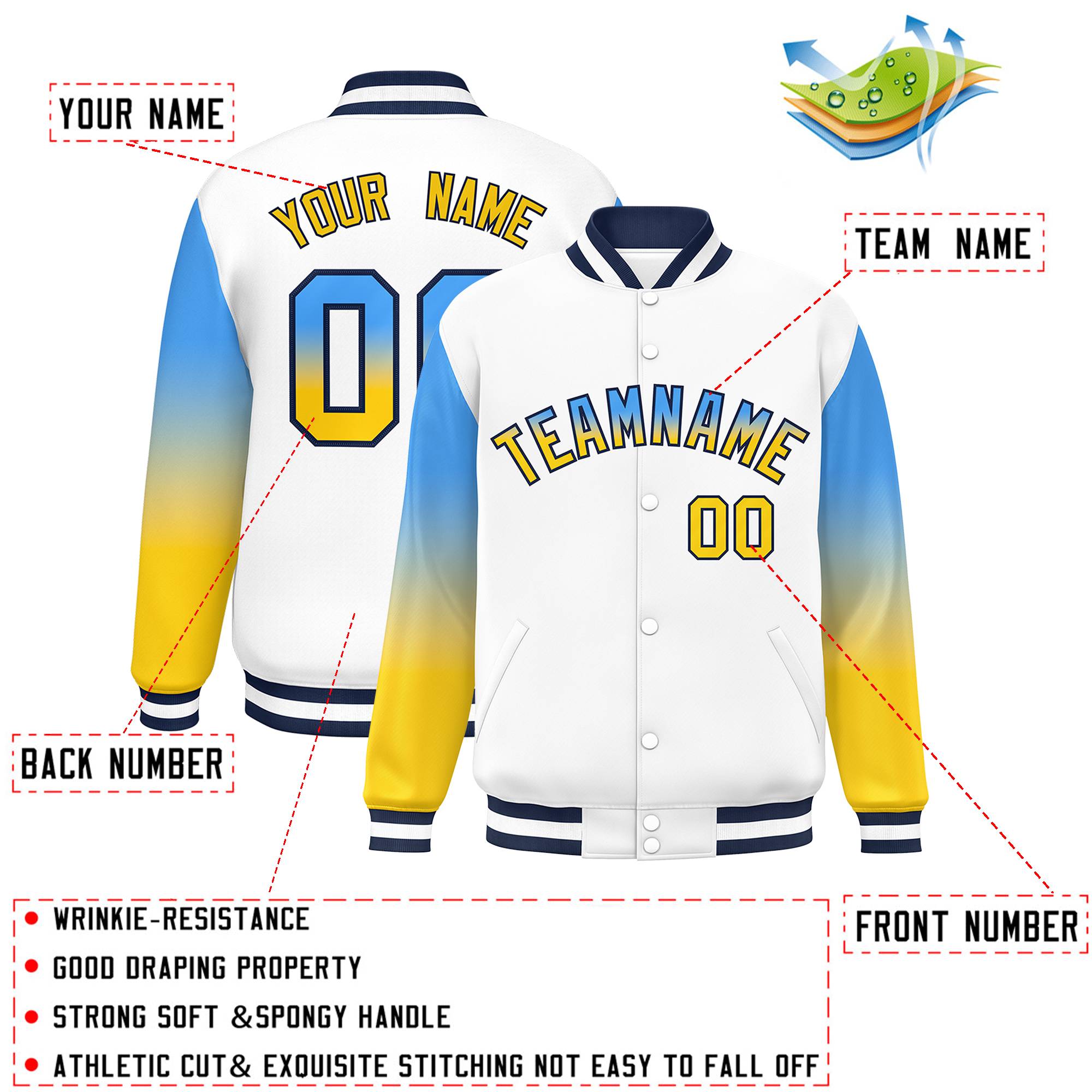 Custom White Powder Blue-Gold Gradient Varsity Full-Snap Raglan Sleeves Baseball Jacket