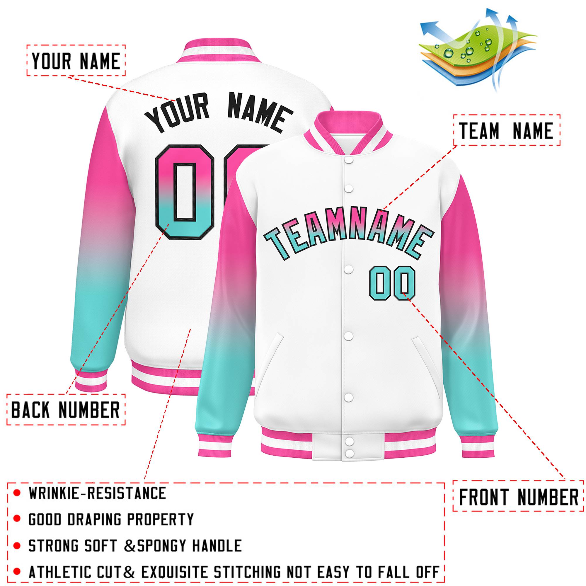 Custom White Pink-Bright Green Gradient Varsity Full-Snap Raglan Sleeves Baseball Jacket