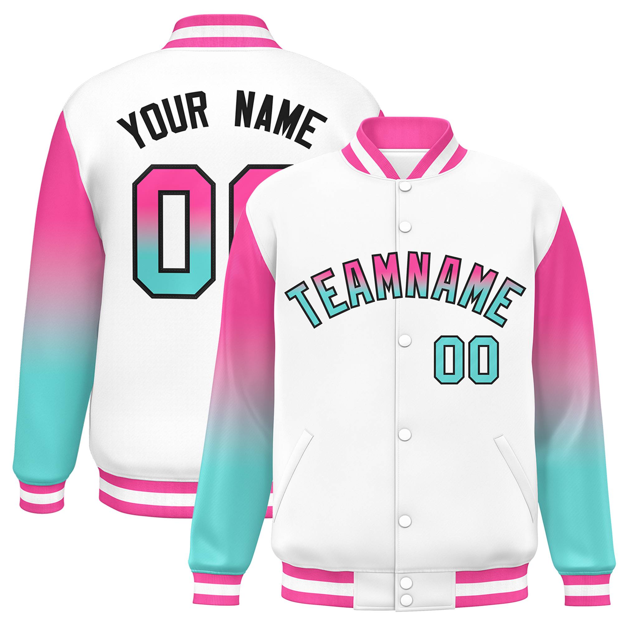 Custom White Pink-Bright Green Gradient Varsity Full-Snap Raglan Sleeves Baseball Jacket