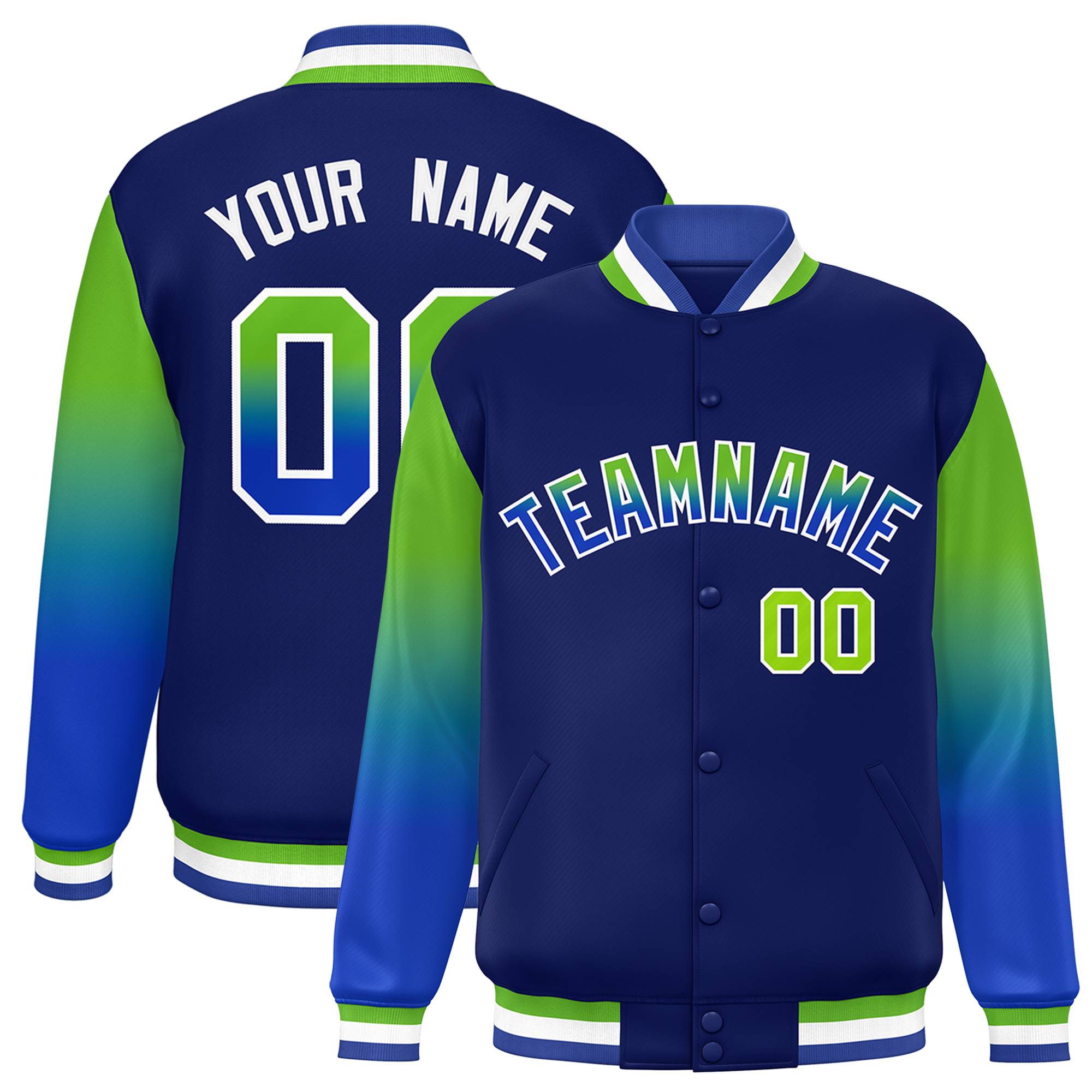 Custom Navy Neon Green-Royal Gradient Varsity Full-Snap Raglan Sleeves Baseball Jacket