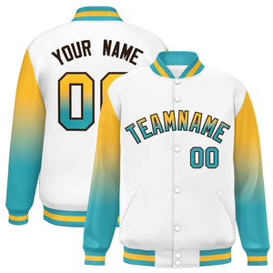 Custom White Yellow-Aqua Gradient Varsity Full-Snap Raglan Sleeves Baseball Jacket