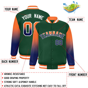 Custom Green Orange-Navy Gradient Varsity Full-Snap Raglan Sleeves Baseball Jacket