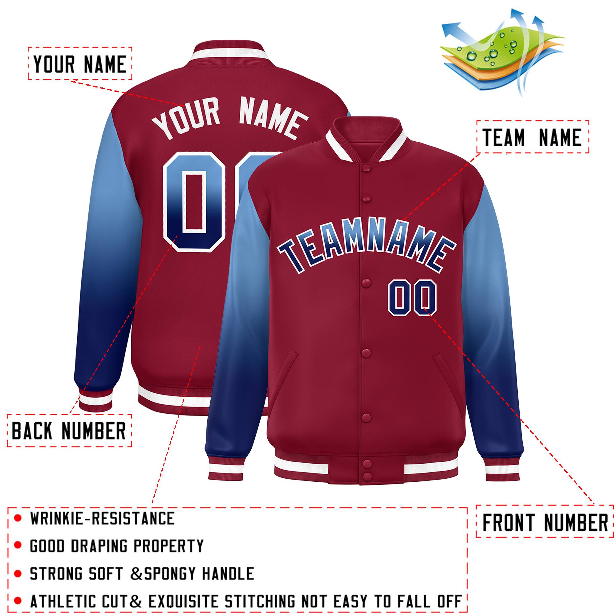 Custom Crimson Light Blue-Navy Gradient Varsity Full-Snap Raglan Sleeves Baseball Jacket