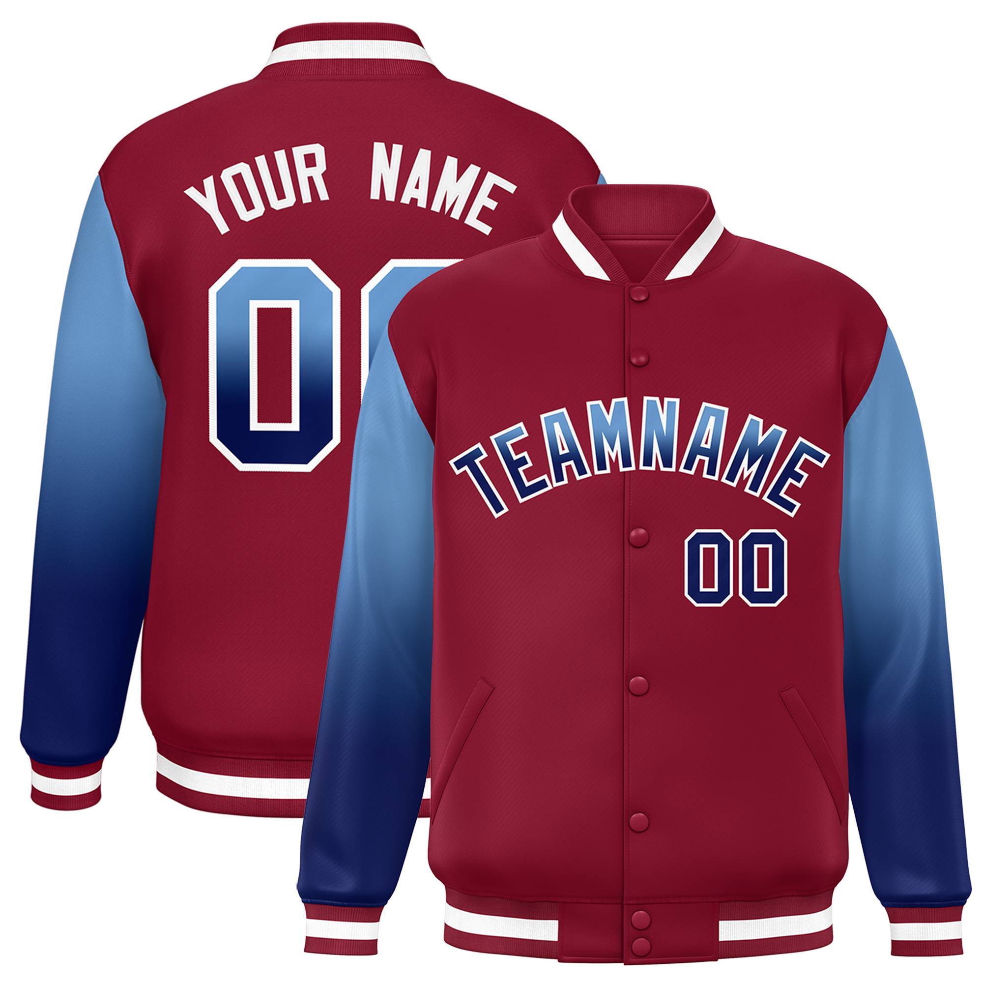 Custom Crimson Light Blue-Navy Gradient Varsity Full-Snap Raglan Sleeves Baseball Jacket