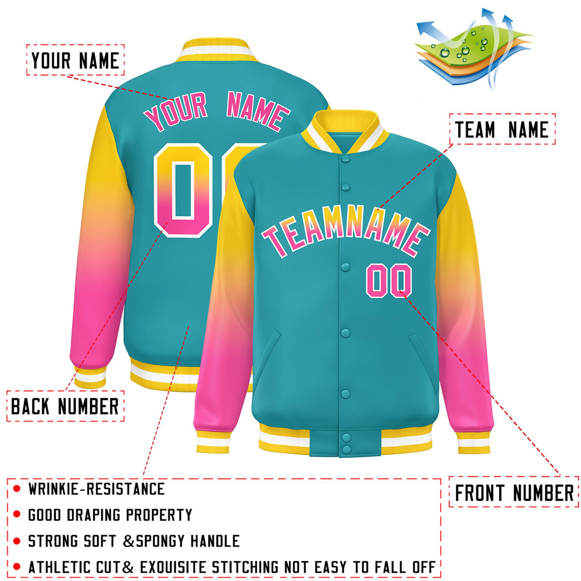 Custom Aqua Gold-Pink Gradient Varsity Full-Snap Raglan Sleeves Baseball Jacket