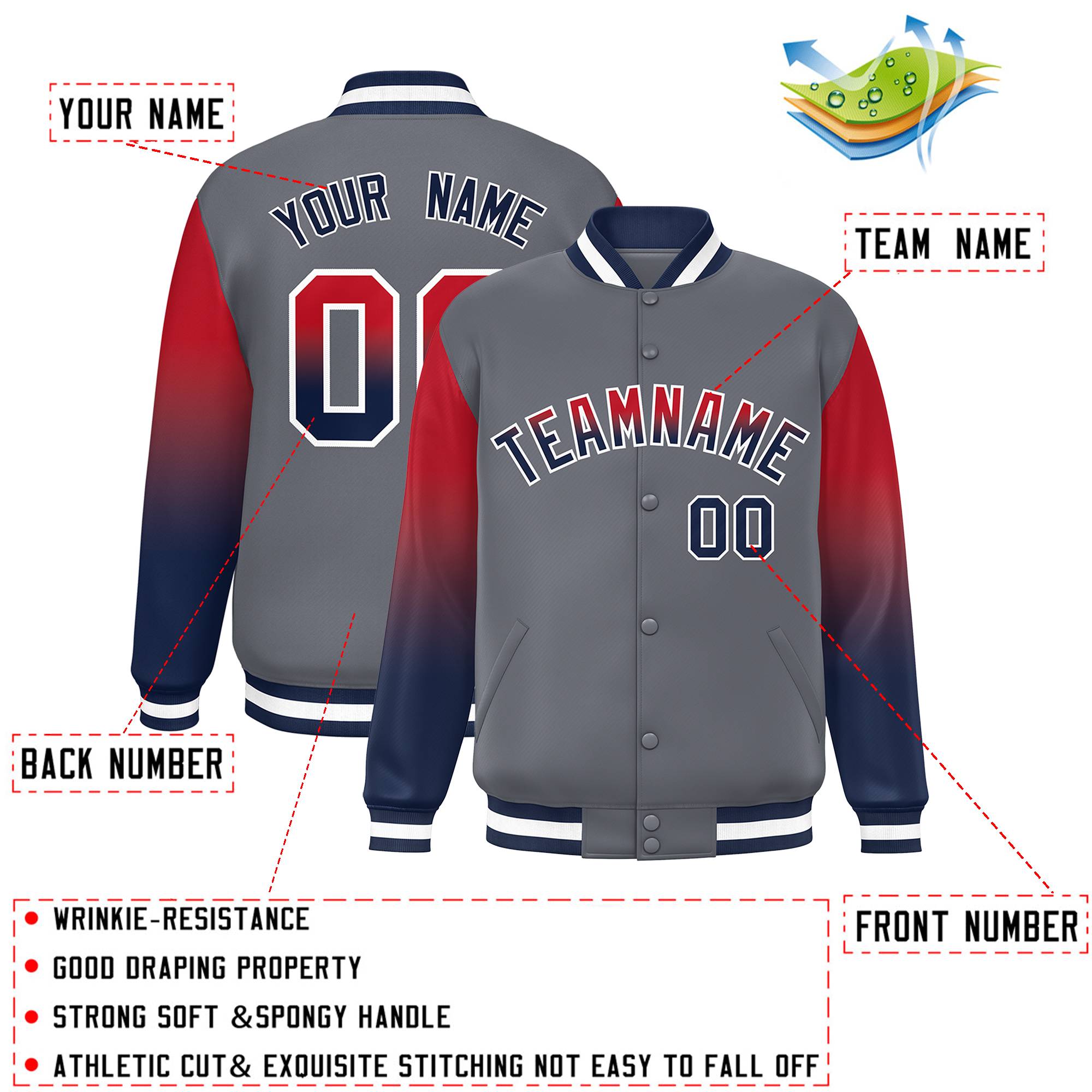 Custom Dark Gray Red-Navy Gradient Varsity Full-Snap Raglan Sleeves Baseball Jacket