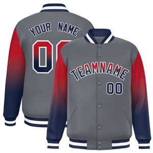 Custom Dark Gray Red-Navy Gradient Varsity Full-Snap Raglan Sleeves Baseball Jacket