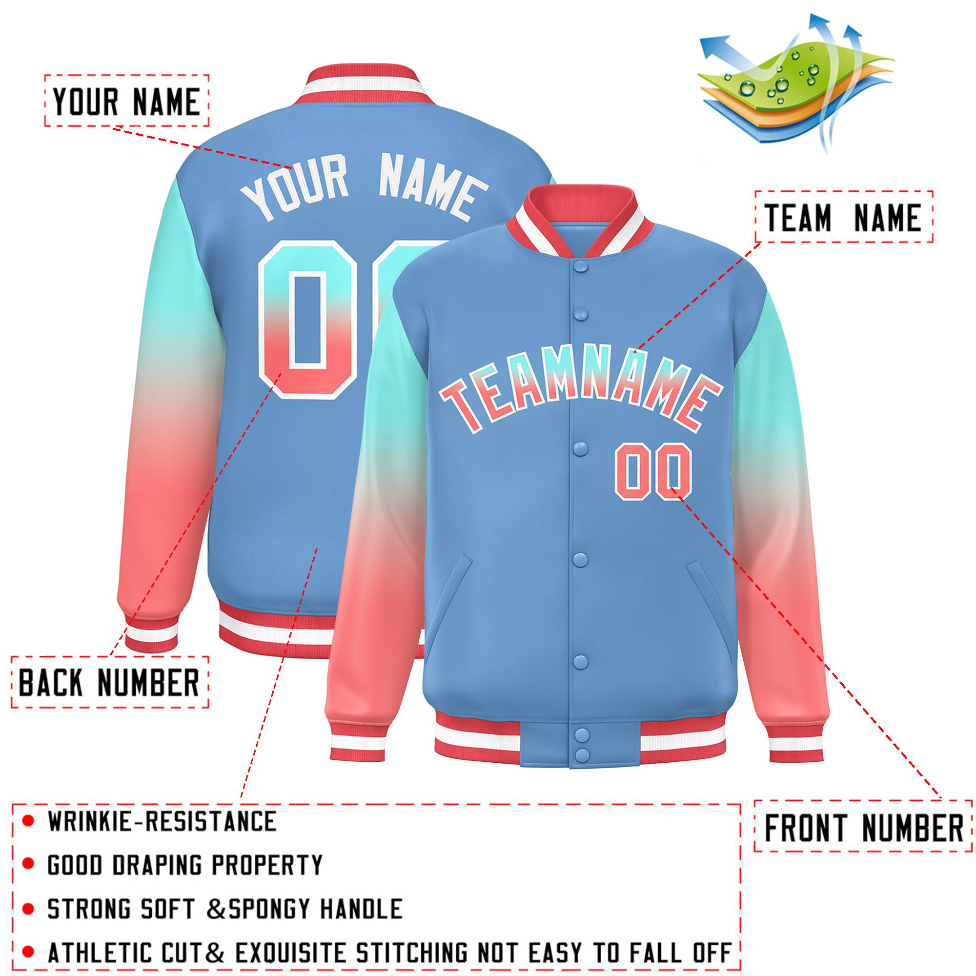 Custom Light Blue Bright Green-Light Red Gradient Varsity Full-Snap Raglan Sleeves Baseball Jacket