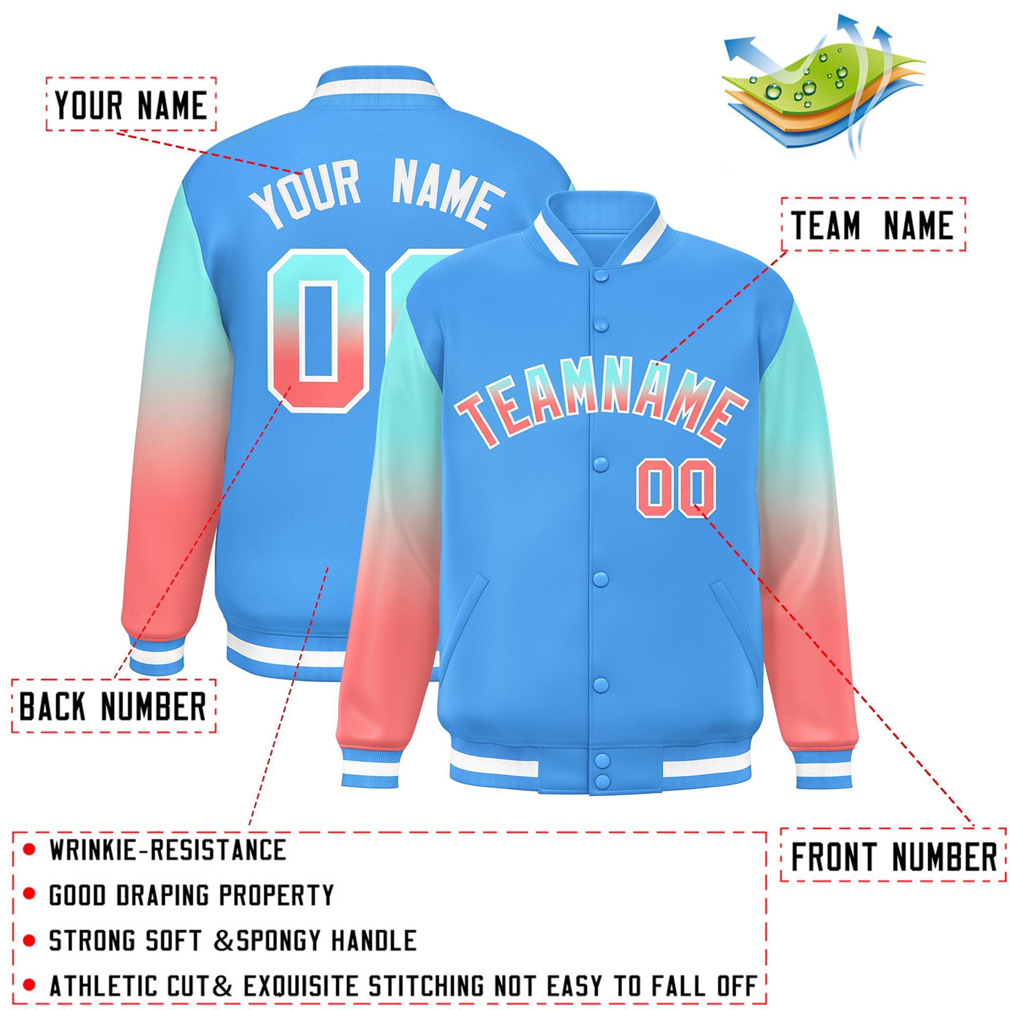 Custom Powder Blue Bright Green-Light Red Gradient Varsity Full-Snap Raglan Sleeves Baseball Jacket