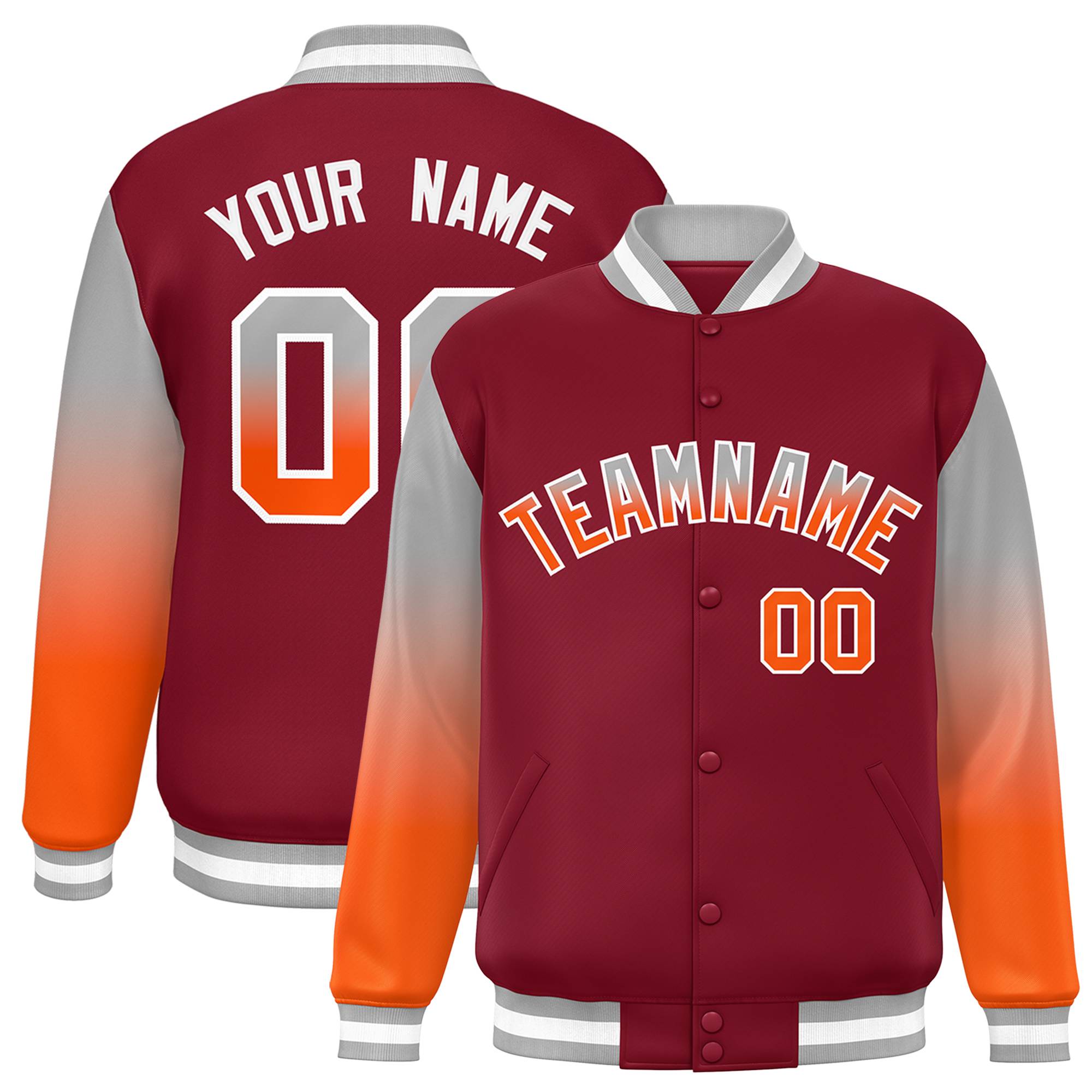 Custom Crimson Gray-Orange Gradient Varsity Full-Snap Raglan Sleeves Baseball Jacket