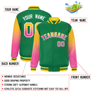 Custom Kelly Green Yellow-Pink Gradient Varsity Full-Snap Raglan Sleeves Baseball Jacket