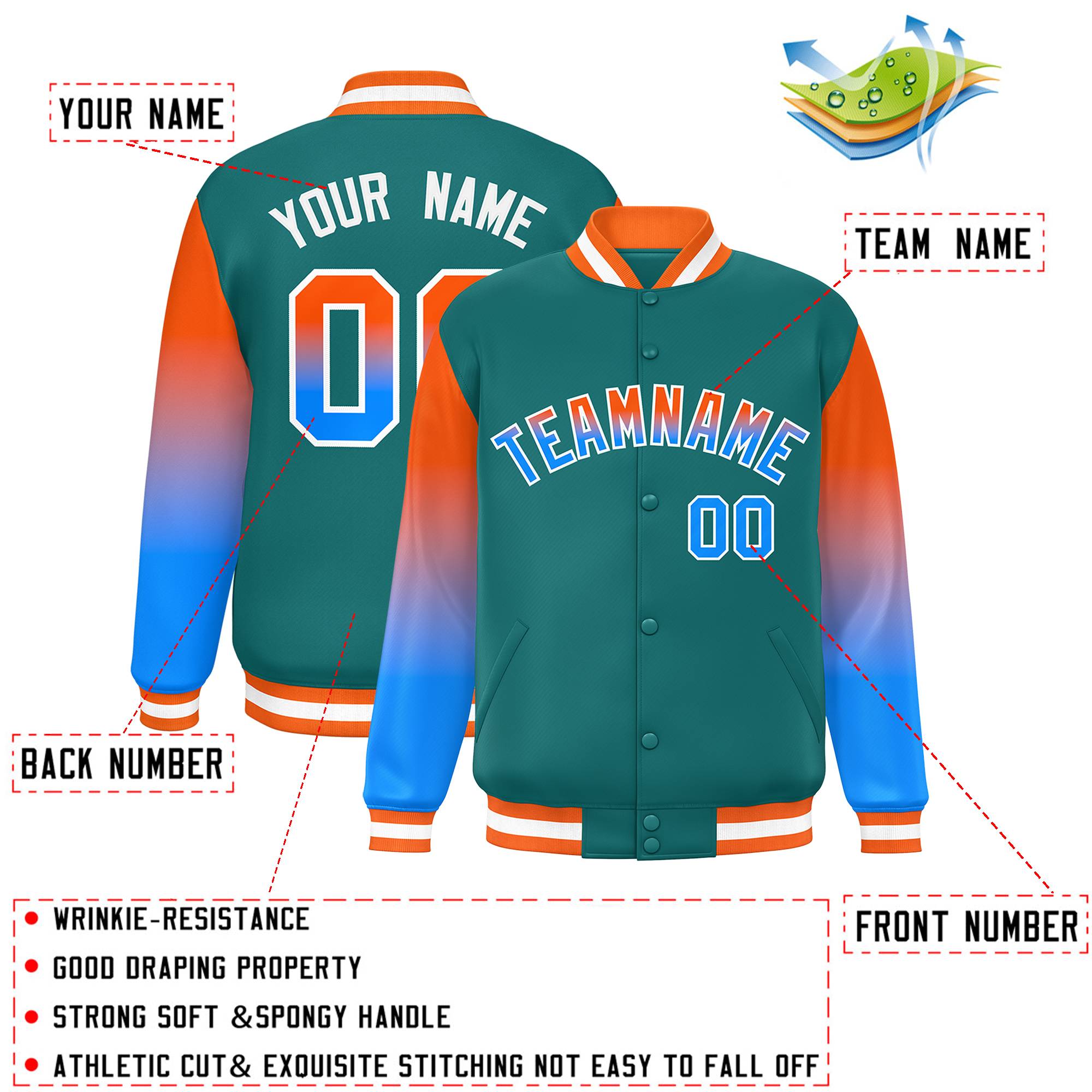 Custom Aqua Orange-Powder Blue Gradient Varsity Full-Snap Raglan Sleeves Baseball Jacket