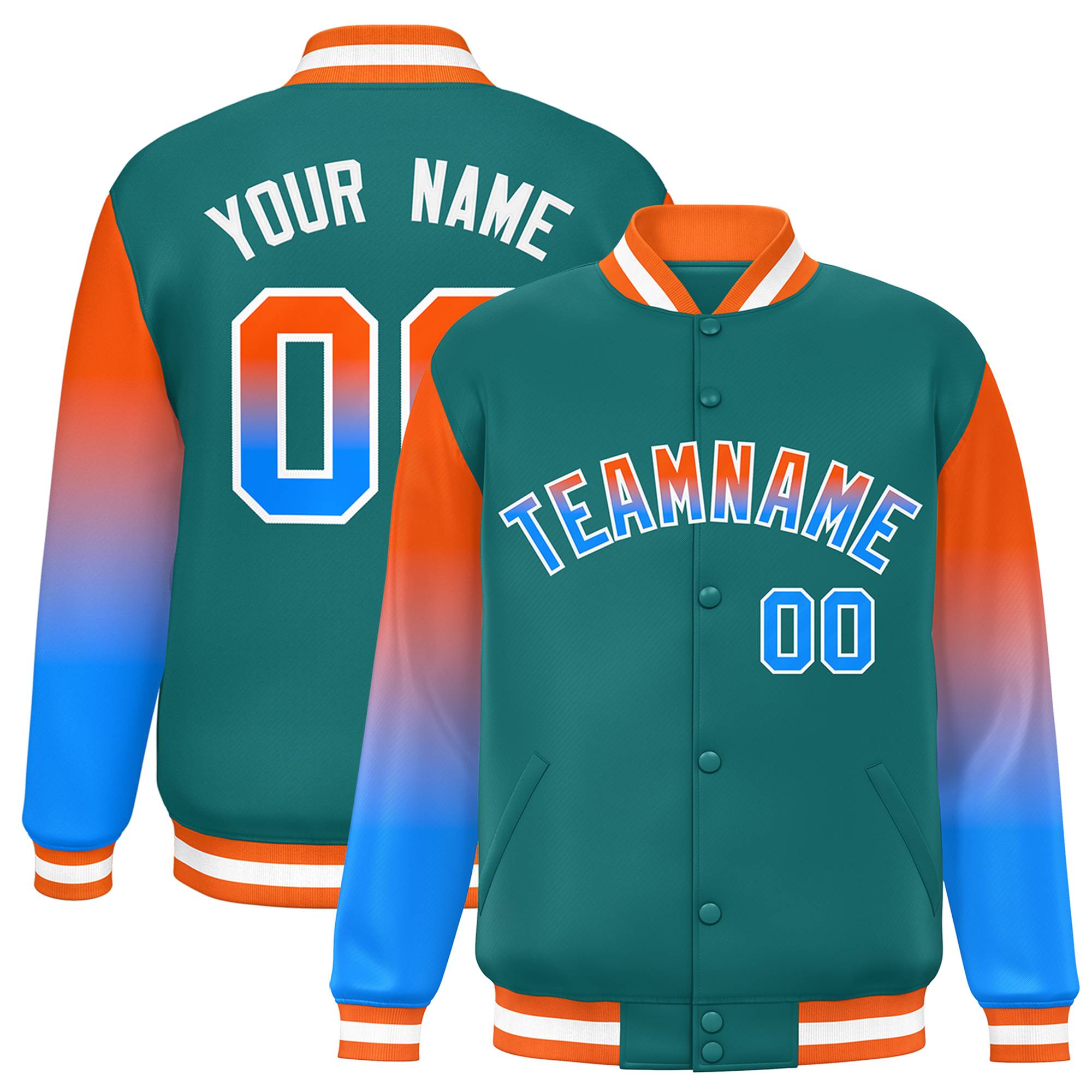 Custom Aqua Orange-Powder Blue Gradient Varsity Full-Snap Raglan Sleeves Baseball Jacket