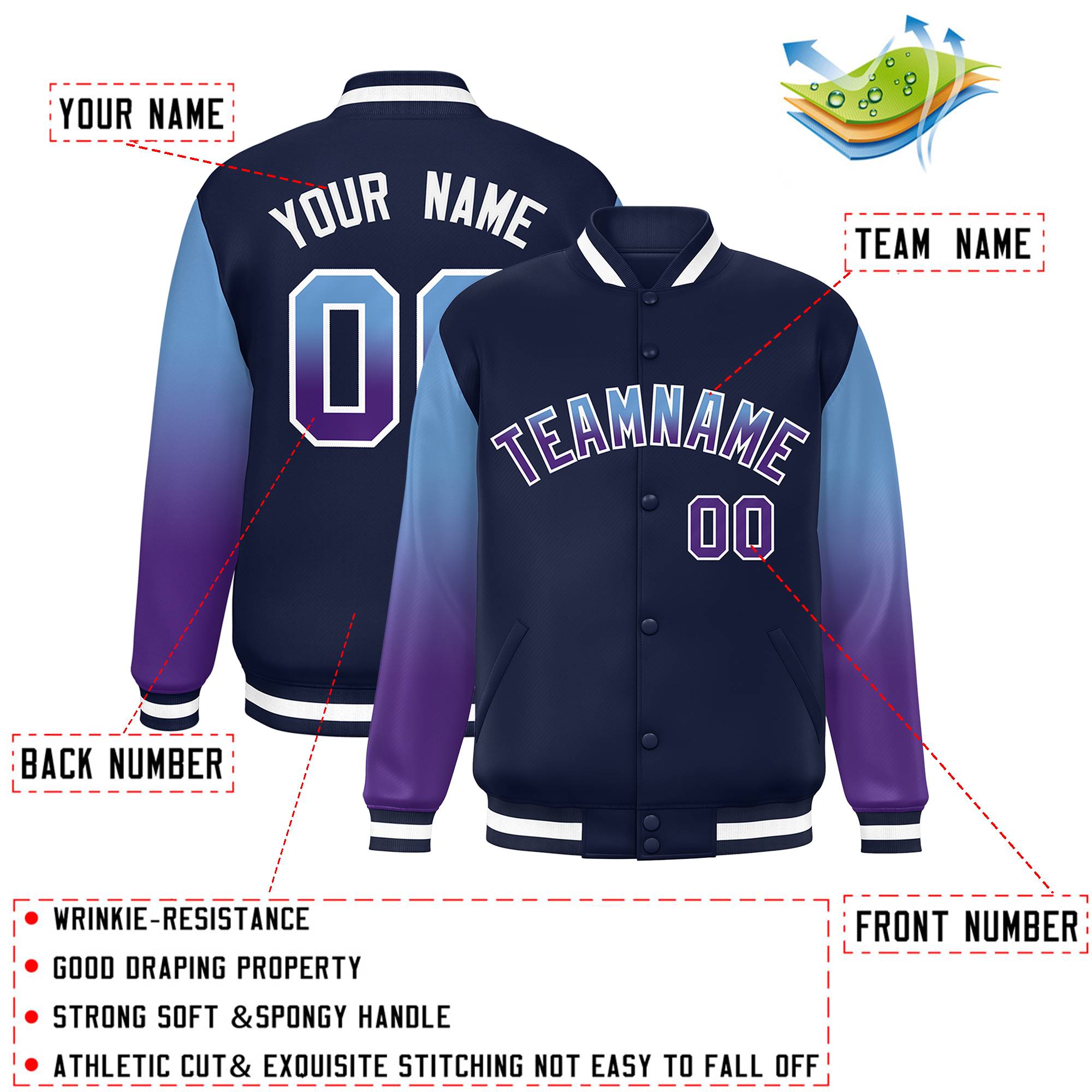 Custom Navy Light Blue-Purple Gradient Varsity Full-Snap Raglan Sleeves Baseball Jacket