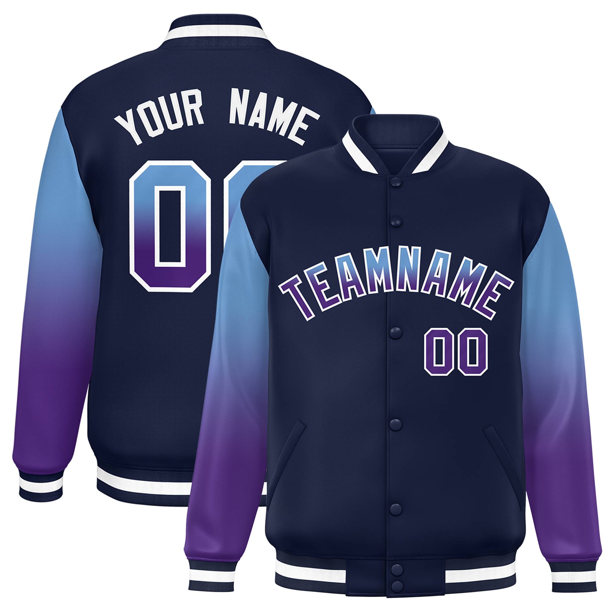 Custom Navy Light Blue-Purple Gradient Varsity Full-Snap Raglan Sleeves Baseball Jacket