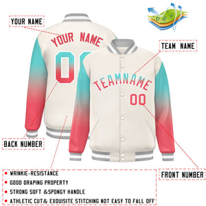 Custom White Bright Green-Light Red Gradient Varsity Full-Snap Raglan Sleeves Baseball Jacket