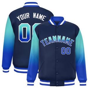 Custom Navy Bright Green-Royal Gradient Varsity Full-Snap Raglan Sleeves Baseball Jacket