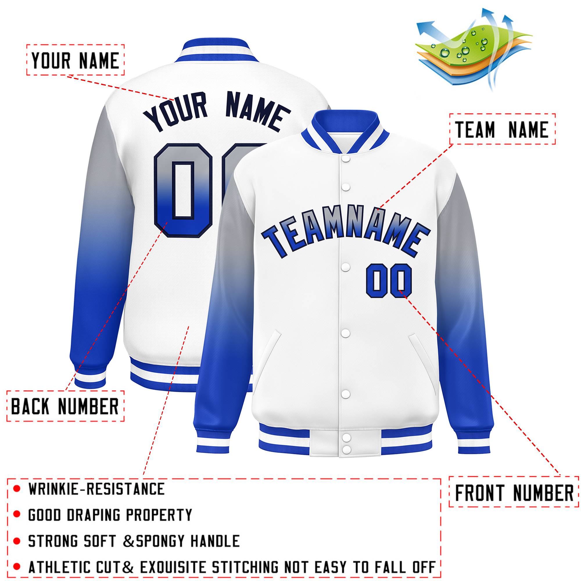 Custom White Gray-Royal Gradient Varsity Full-Snap Raglan Sleeves Baseball Jacket