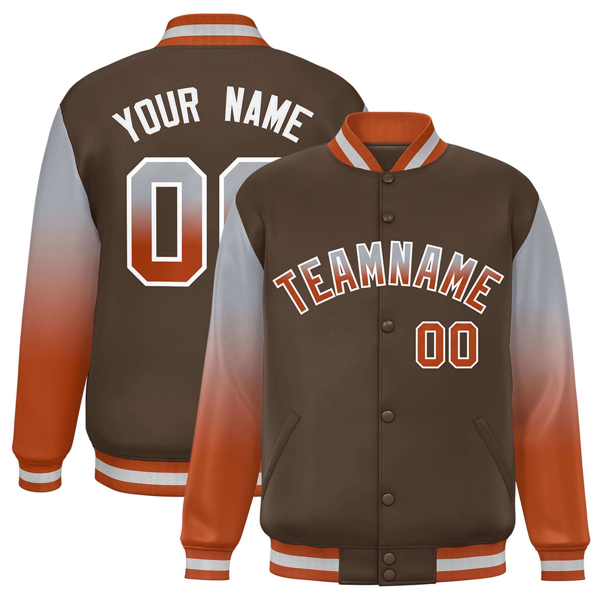 Custom Light Brown Gray-Texas Orange Gradient Varsity Full-Snap Raglan Sleeves Baseball Jacket