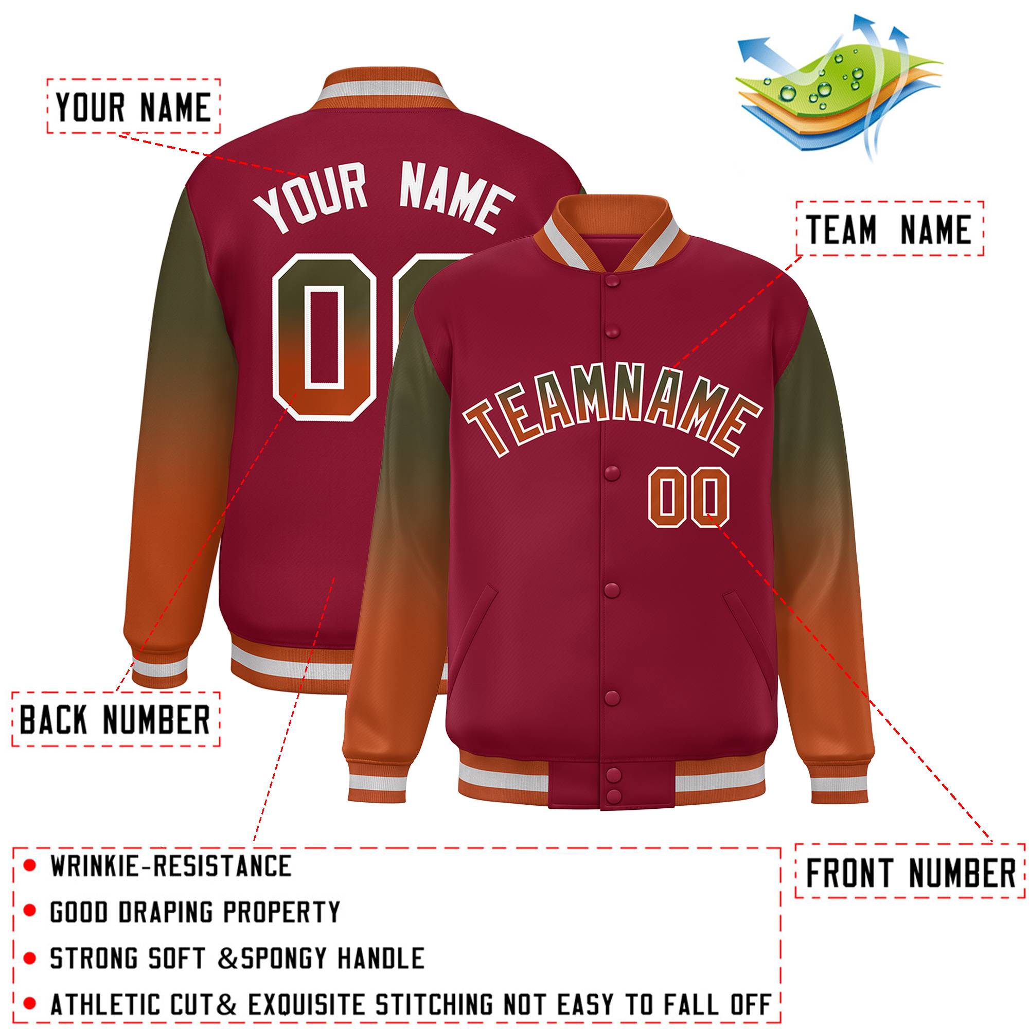 Custom Crimson Olive-Texas Orange Gradient Varsity Full-Snap Raglan Sleeves Baseball Jacket