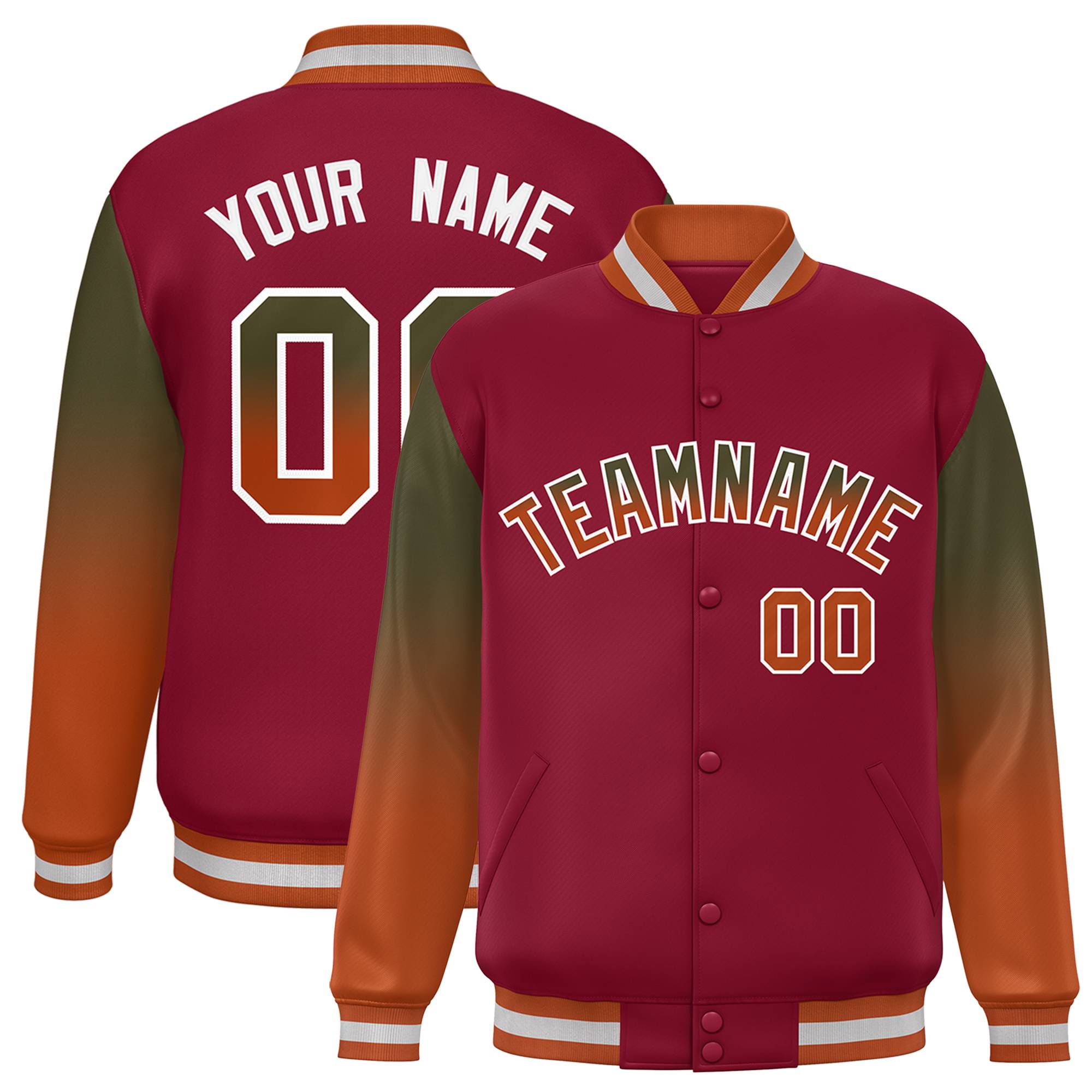 Custom Crimson Olive-Texas Orange Gradient Varsity Full-Snap Raglan Sleeves Baseball Jacket