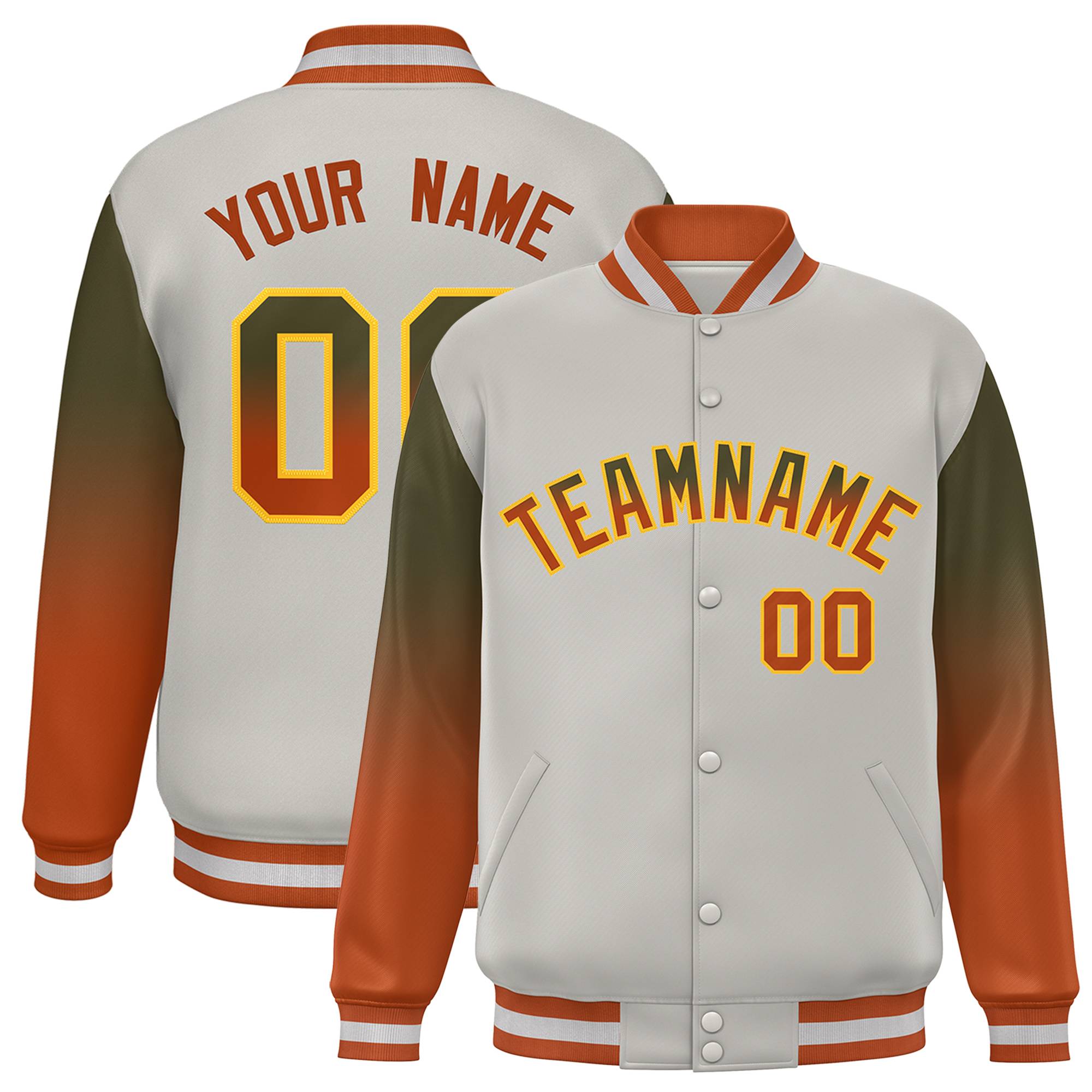 Custom Gray Olive-Texas Orange Gradient Varsity Full-Snap Raglan Sleeves Baseball Jacket