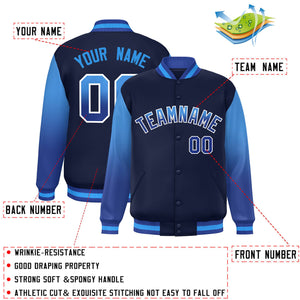 Custom Navy Powder Blue-Royal Gradient Varsity Full-Snap Raglan Sleeves Baseball Jacket