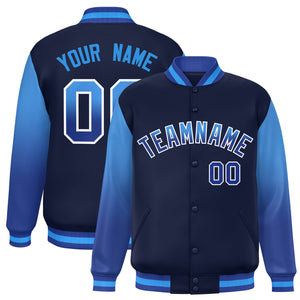 Custom Navy Powder Blue-Royal Gradient Varsity Full-Snap Raglan Sleeves Baseball Jacket