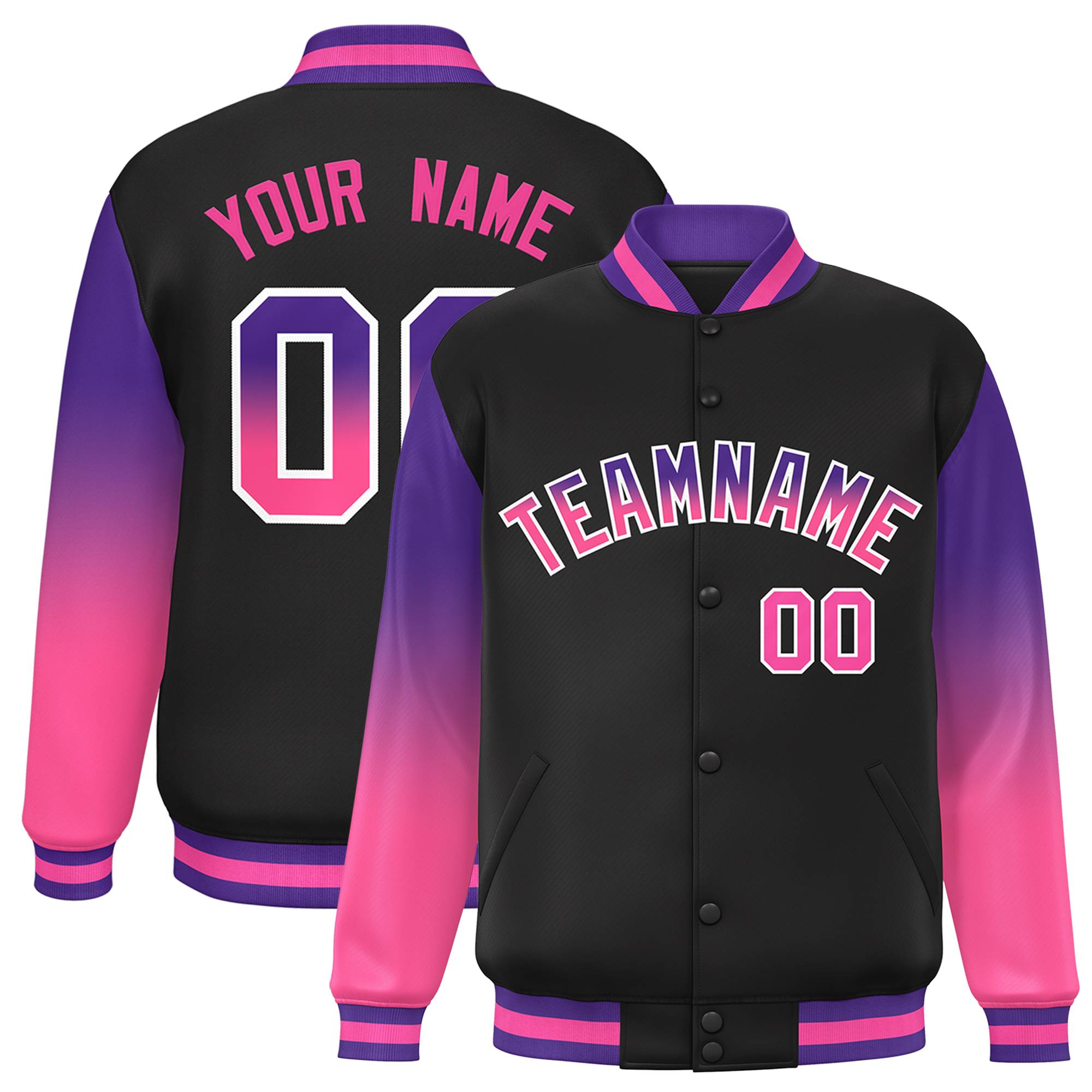 Custom Black Purple-Pink Gradient Varsity Full-Snap Raglan Sleeves Baseball Jacket