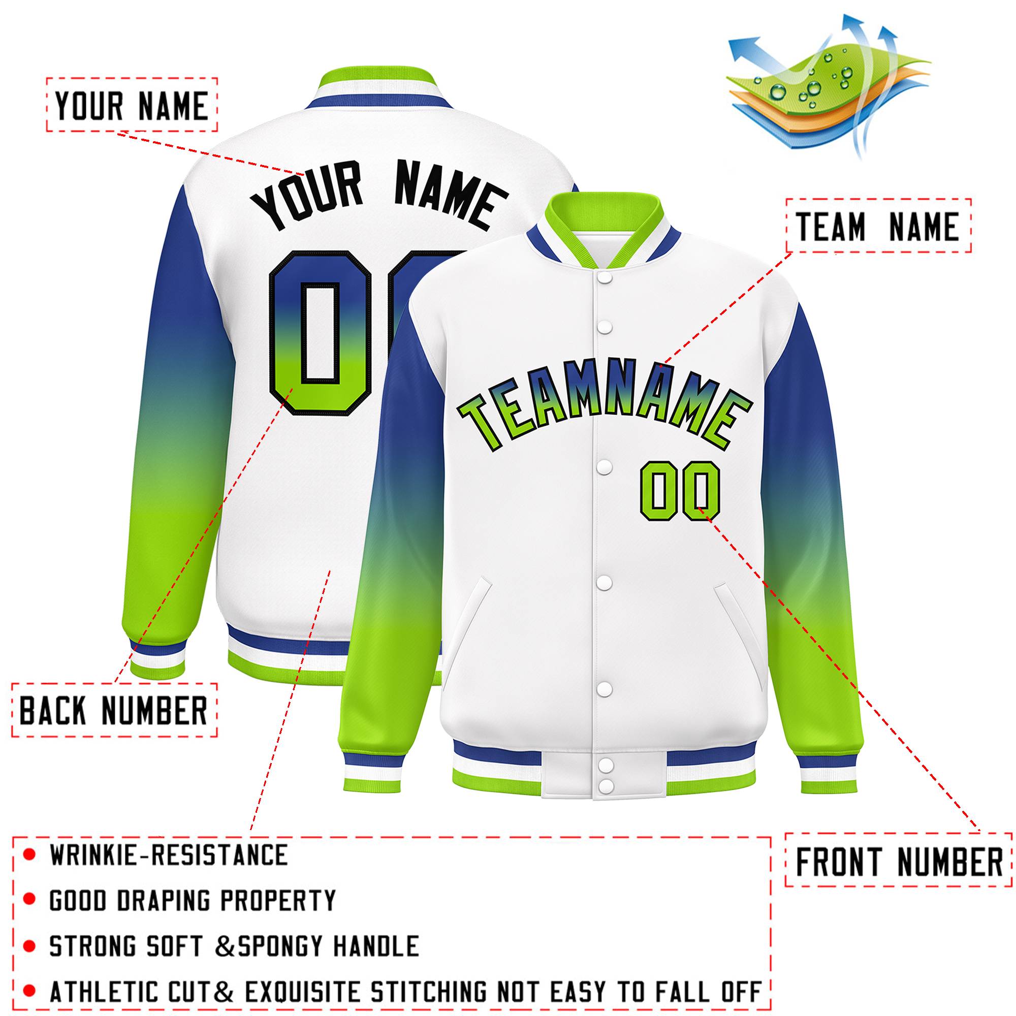 Custom White Royal-Green Gradient Varsity Full-Snap Raglan Sleeves Baseball Jacket